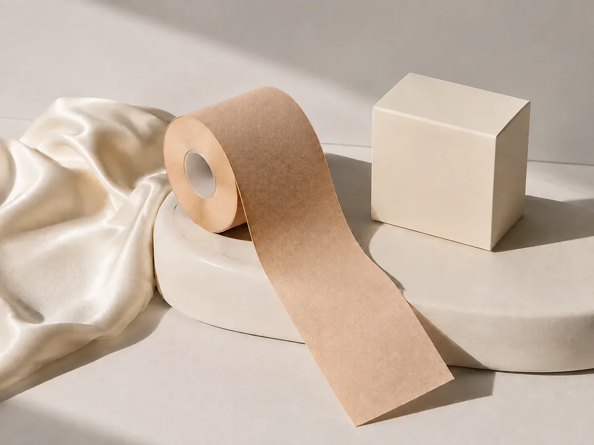 Concept still life of body tape, ivory satin and unbranded packaging.