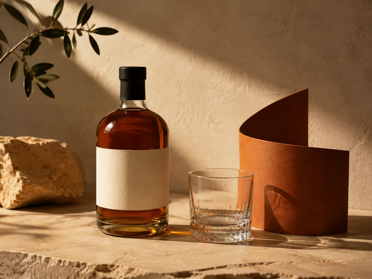 Concept still life of an amber spirits bottle, glass and terracotta paper.